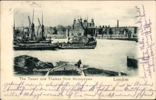 Ak London England, Tower of London von Horslydown gesehen, Themse, Schiffe