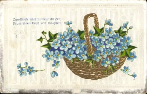 Präge Ak Vergissmeinnicht, Blumenkorb