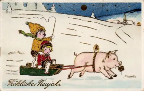 Ak Glückwunsch Neujahr, Schlitten, Schwein, Kinder