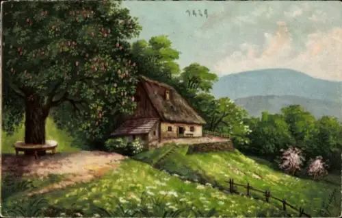 Künstler Ak Glückwunsch Pfingsten, Dorfpartie, Haus