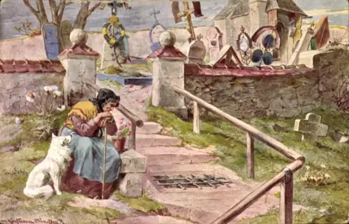 Künstler Ak Kaufmann, Hans, Es ist bestimmt in Gottes Rat, Friedhof, alte Frau, Hund