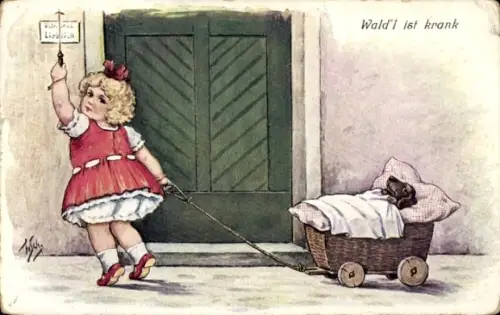 Künstler Ak Scheuermann, Willi, Waldl ist krank, Dackel im Kinderwagen, Mädchen