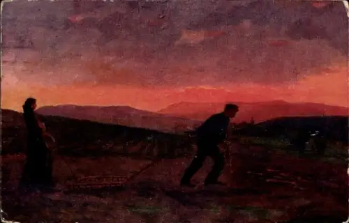 Künstler Ak Abend, Landwirtschaft, Pflug, Ackerarbeit