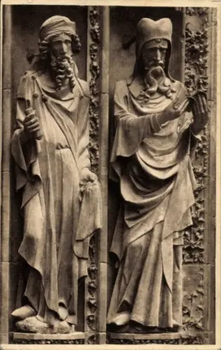 Ak Strasbourg Straßburg Elsass Bas Rhin, Statuen von Propheten, Kathedrale von  Steinmetzarbeit