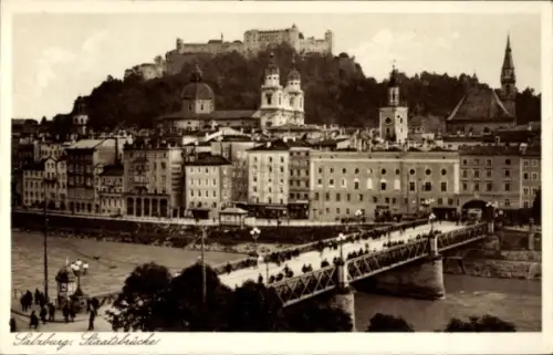 Ak Salzburg in Österreich, Salzburg Staatsbrücke, Stadtansicht, Festung im Hintergrund