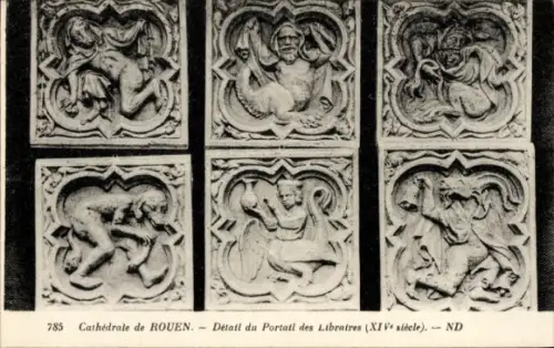 Ak Rouen Seine Maritime, Reliefs der Kathedrale von  Portal des Libraires, 14. Jahrhundert
