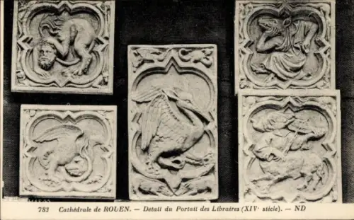 Ak Rouen Seine Maritime, Reliefs von Tieren, Kathedrale von  Detail des Portals, 14. Jahrhundert