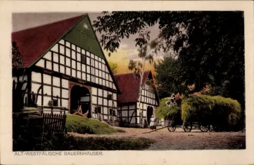 Ak Altwestfälische Bauernhäuser, mit Stroh beladener Karren, Fachwerkhäuser