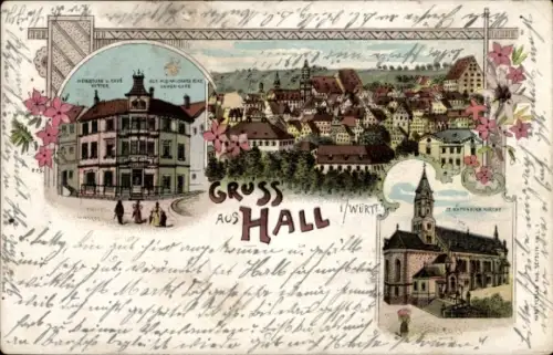 Litho Schwäbisch Hall in Württemberg, Kirche St. Katharina, Panorama, Café Vetter