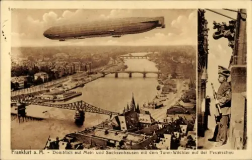 Ak Frankfurt am Main, Blick vom Dom, Sachsenhausen, Zeppelin, Turmwächter auf Feuerschau