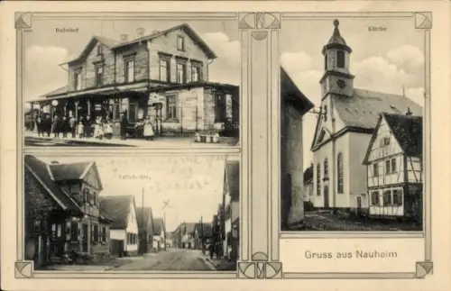Ak Nauheim Hessen, Bahnhof, Bahnhofstraße, Kirche