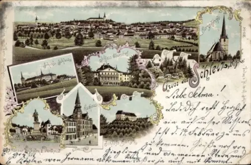Litho Schleiz im Vogtland Thüringen, Schloss, Bergkirche, Rathaus, Schloss Burgk