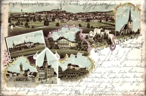 Litho Schleiz im Vogtland Thüringen, Schloss, Bergkirche, Rathaus, Schloss Burgk
