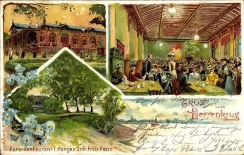 Litho Herrenkrug Magdeburg an der Elbe, Park Restaurant v. Fritz Penz, Gäste im Saal