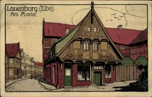 Steindruck Ak Lauenburg an der Elbe, Am Markt