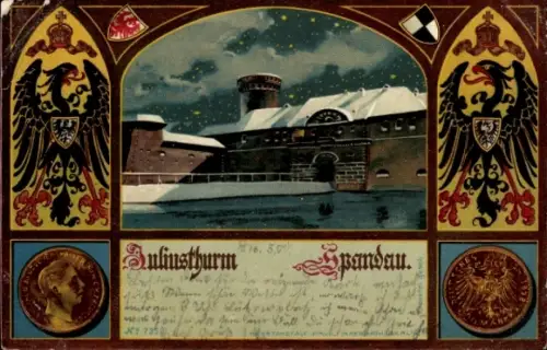 Wappen Litho Berlin Spandau, Juliusturm, Winter, Münze, Kaiser Wilhelm II.