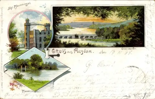 Litho Potsdam in Brandenburg, Glienicker Brücke, Pfaueninsel, Schloss