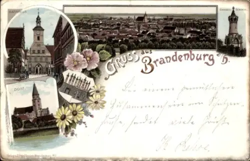 Litho Brandenburg an der Havel, Rathaus, Dom, Kriegerdenkmal, Totalansicht vom Ort