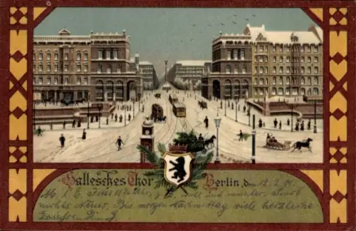 Litho Berlin Kreuzberg, Hallesches Tor, Vogelschau, Schnee, Straßenbahn, Pferdeschlitten, Wappen
