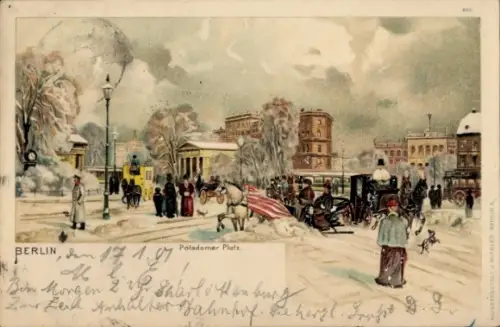 Litho Berlin, Potsdamer Platz, Winter, Schnee, Pferdeschlitten