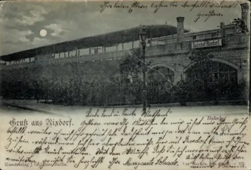 Mondschein Ak Berlin Neukölln Rixdorf, Bahnhof