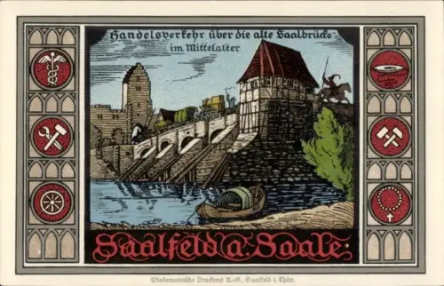 Passepartout Ak Saalfeld an der Saale Thüringen, Handelsverkehr über die alte Brücke im Mittelalter