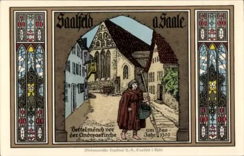 Künstler Ak Saalfeld an der Saale Thüringen, Bettelmönch vor der Andreaskirche um 1500, Fenster
