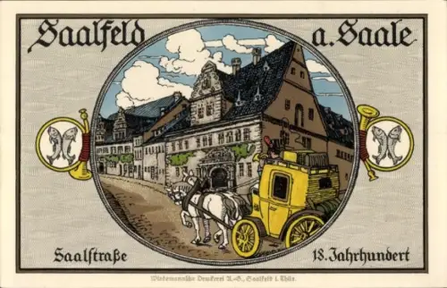 Passepartout Ak Saalfeld an der Saale Thüringen, Postkutsche, Saalstraße, 18. Jahrhundert