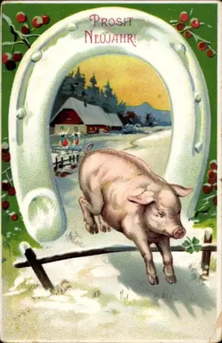 Präge Ak Glückwunsch Neujahr, springendes Schwein, Hufeisen, Kleeblatt