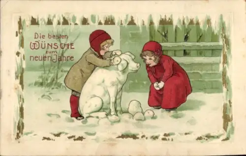 Präge Ak Glückwunsch Neujahr, Kinder, Schwein aus Schnee