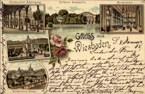 Litho Wiesbaden in Hessen, Kurhaus, Park, Kochbrunnen