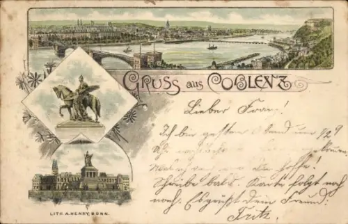 Litho Koblenz am Rhein, Gesamtansicht, Denkmal