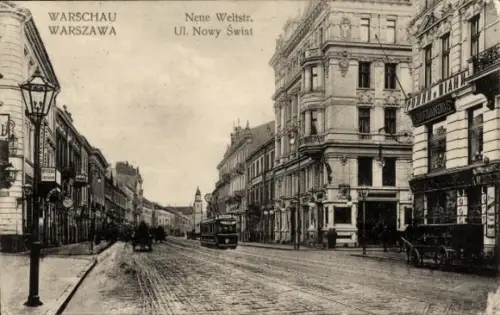 Ak Warszawa Warschau Polen,  Neue Weltstraße, Straßenansicht, Straßenbahn,  Gebäude
