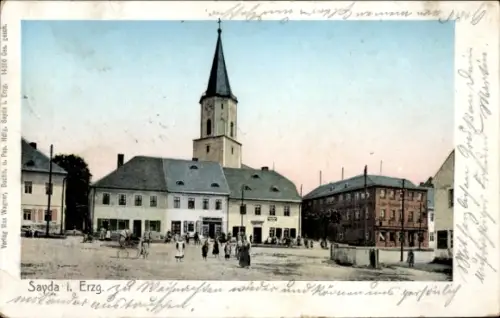 Ak Sayda im Erzgebirge, Marktplatz mit Kirche, Häusern, Menschen, Verlag Max Wagner