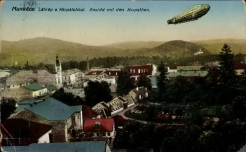 Ak Mukatschewo Munkacs Ukraine, Gesamtansicht, Karpathen, Luftschiff