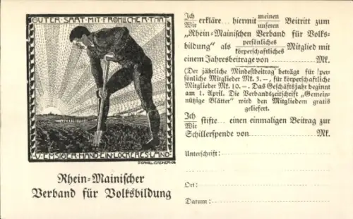 Ak Rhein-Mainischer Verband für Volksbildung, Bauer mit Spaten auf dem Feld