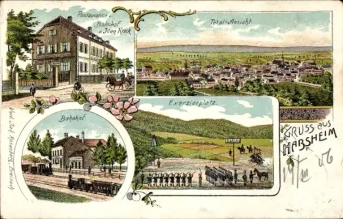 Litho Habsheim Elsass Haut Rhin, Restauration zum Bahnhof, Ivan Krick, Bahnhof, Exerzierplatz