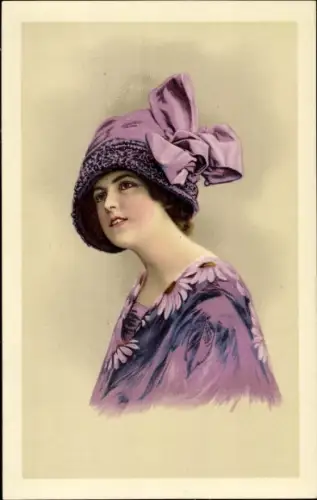 Ak Portrait einer Frau in lila Kleid mit Hut