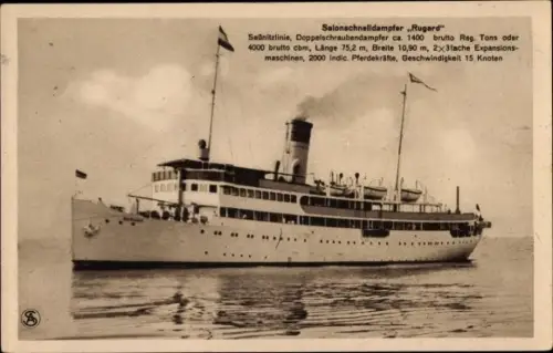 Ak Salonschnelldampfer Rugard, Doppelschraubendampfer, Saßnitzlinie