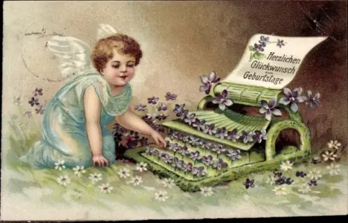 Litho Glückwunsch Geburtstag, Engel mit Schreibmaschine, Veilchen