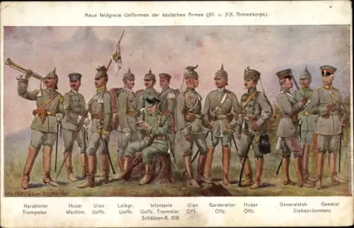 Künstler Ak Henckel, Carl, Neue feldgraue Uniformen der dt. Armee, XII u. XIX Armeekorps