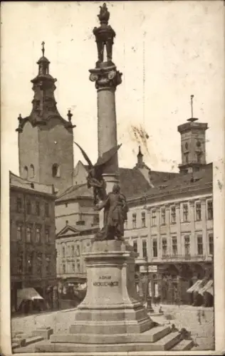 Ak Lwiw Lwów Lemberg Léopol Ukraine, Denkmal für Adam Mickiewicz, Statue,  Gebäude