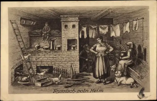 Künstler Ak Russisch polnisches Heim, Bauernstube