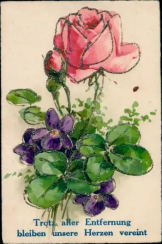 Glitzer Ak Trotz aller Entfernung bleiben unsere Herzen vereint, Rose