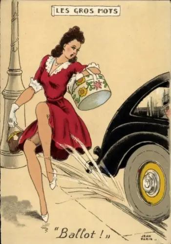 Ak Frau auf der Straße nass gespritzt, Auto