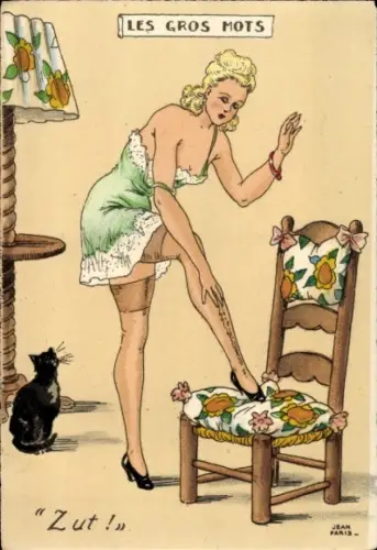 Künstler Ak Les gros Mots, Zut, Blondine, Riss im Strumpf, Fluchend