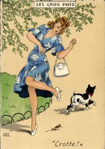 Ak Frau in blauem Kleid tritt in Hundehaufen