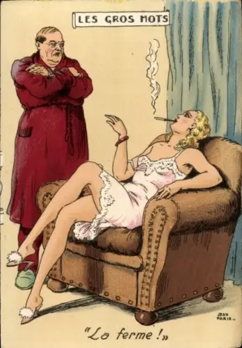 Ak Rauchende Frau, Unzufriedener Ehemann, Unterwäsche