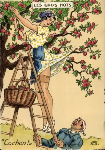 Ak Frau beim Pflücken, Mann beobachtet Unterwäsche, Obstbaum