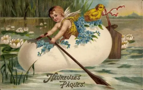 Ak Glückwunsch Ostern, Engel, Osterei-Schale, Küken